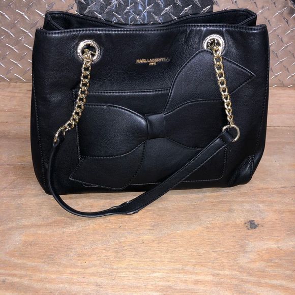 Karl Lagerfeld Black Leather Bow Gold Chain Handbag Purse, MSRP $198 - Picture 8 of 11